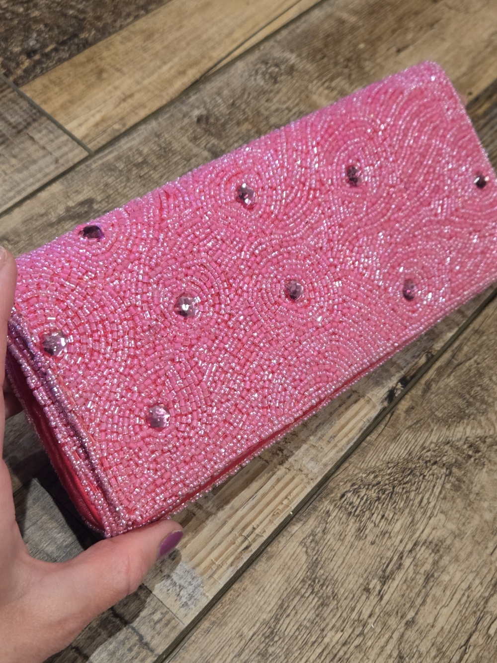 Bijoux Terner Pink Beaded Rhinestone Clutch Y2K Evening Bag